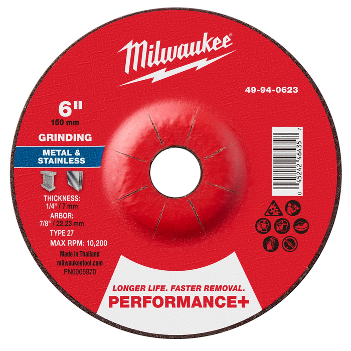 6" x 1/4" x 7/8" Performance+ Metal Grinding Wheel - Type 27