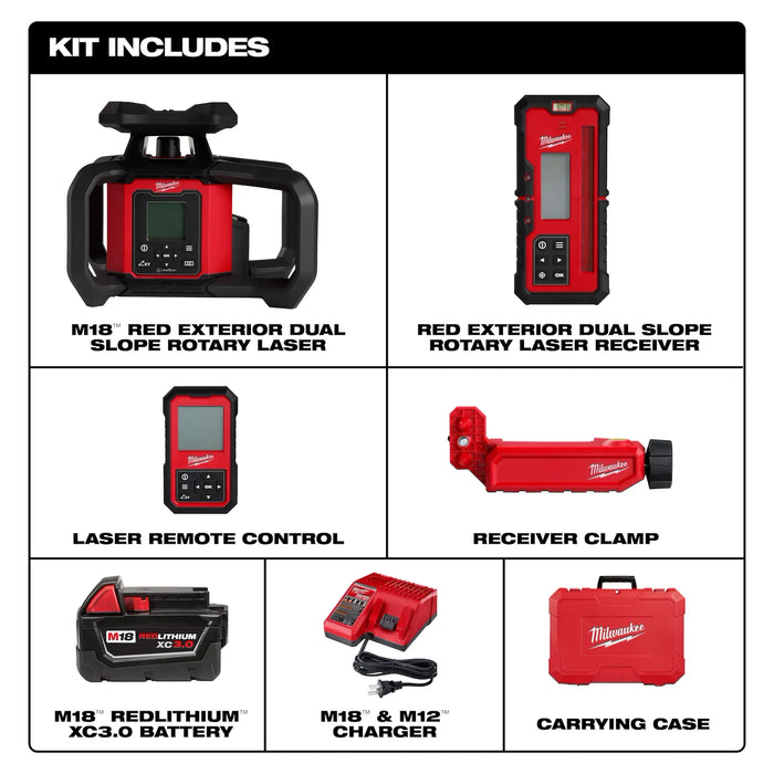 M18™ Red Exterior Dual Slope Rotary Laser Level Kit w/ Receiver & Remote
