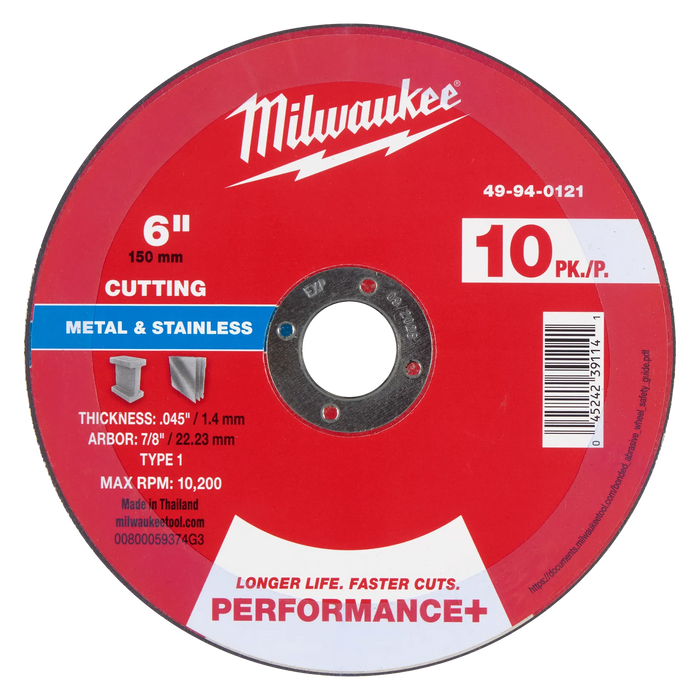 6" x .045" x 7/8" Performance+ Metal Cut Off Wheel - Type 1 (10PK)