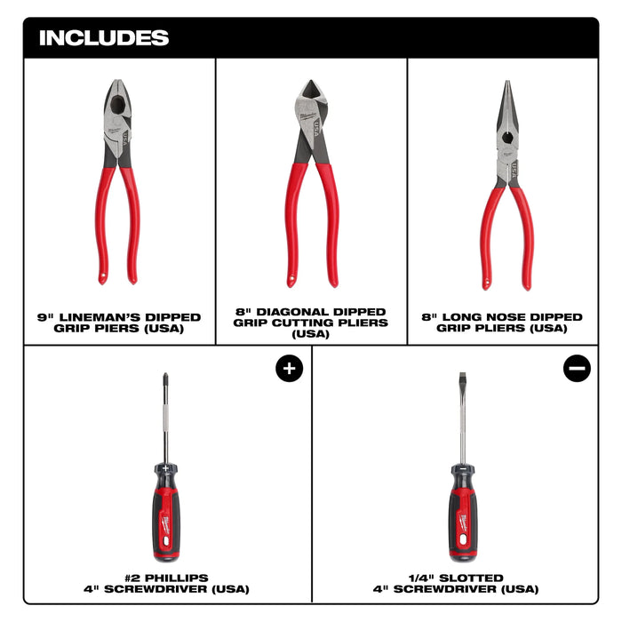 5PC Dipped Grip Cutting Pliers & Cushion Grip Screwdrivers Set (USA)