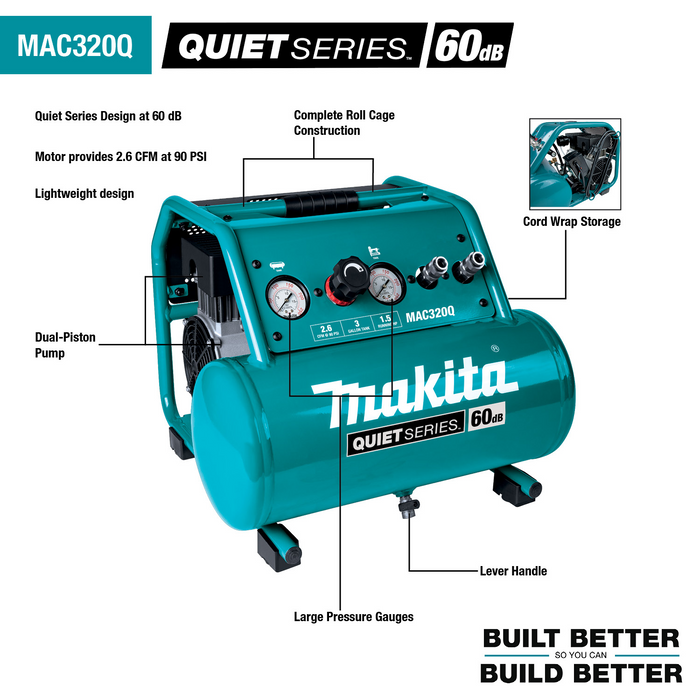 Quiet Series 1‑1/2 HP, 3 Gallon, Oil‑Free, Electric Air Compressor