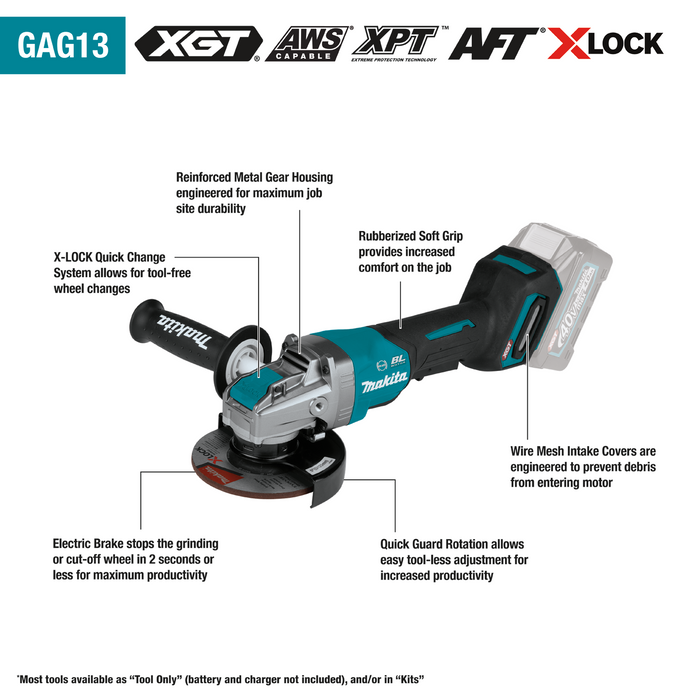 40V max XGT® Brushless Cordless 4‑1/2" / 5" X‑LOCK Paddle Switch Angle Grinder, with Electric Brake, Tool Only