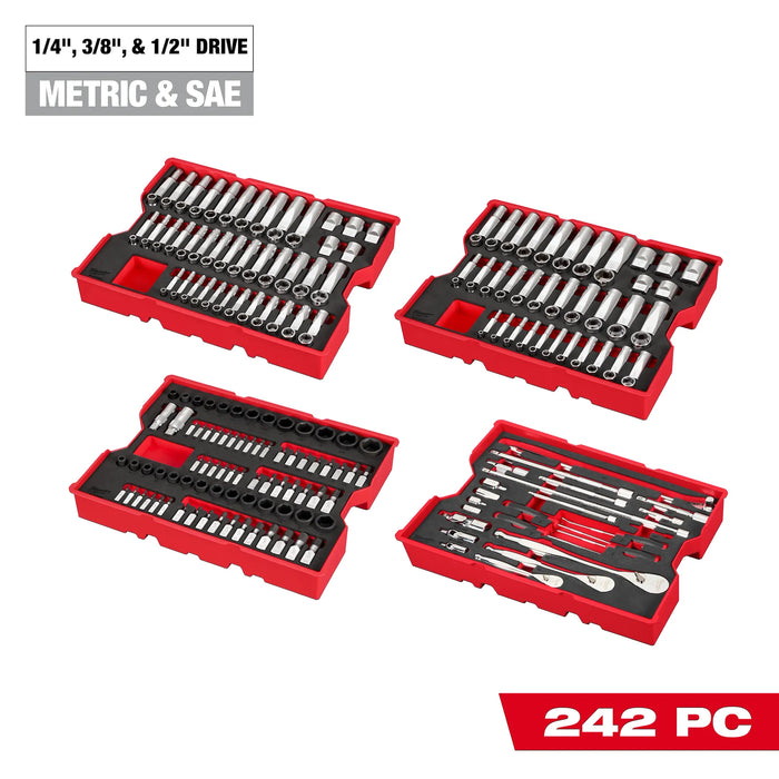 242pc. 1/4”, 3/8”, & 1/2” Drive Metric & SAE Ratchet & Socket Set with Trays for PACKOUT™ Drawers