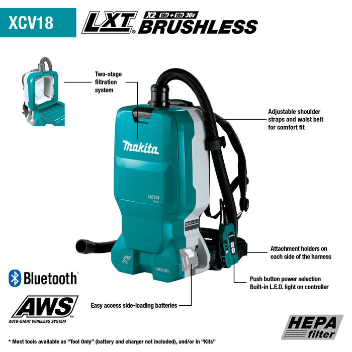 36V (18V X2) LXT® Brushless 1.6 Gallon HEPA Filter Backpack Dry Dust Extractor, AWS® Capable, Tool Only