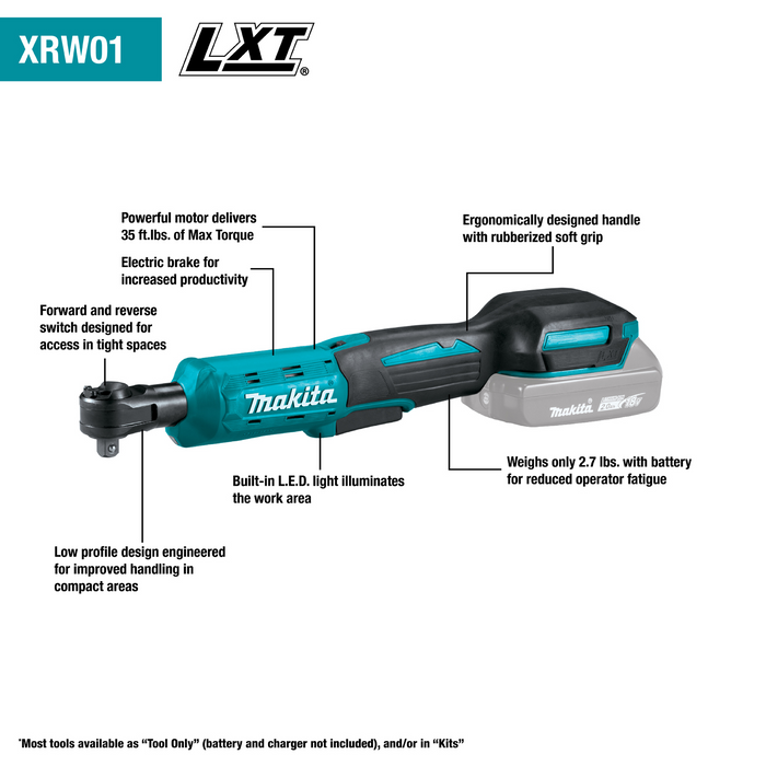 18V LXT® Lithium‑Ion Cordless 3/8" / 1/4" Sq. Drive Ratchet, Tool Only