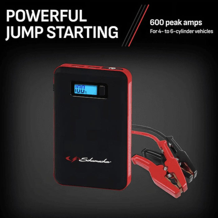Automotive 12 Volt 600 Peak Amp Lithium Ion Jump Starter and Portable Power Bank with Built-in LED Light