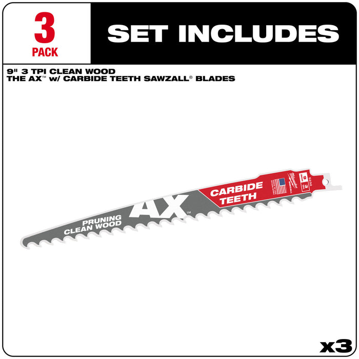 9" 3 TPI The AX™ with Carbide Teeth for Pruning & Clean Wood SAWZALL® Blade 3PK