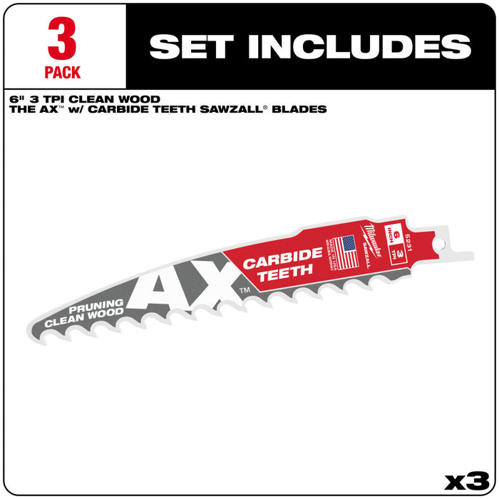6" 3 TPI The AX™ with Carbide Teeth for Pruning & Clean Wood SAWZALL® Blade 3PK