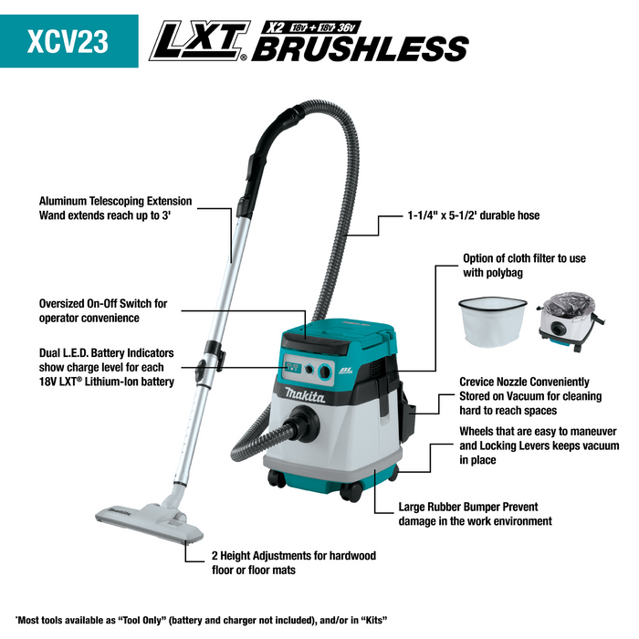 36V (18V X2) LXT® Brushless 4 Gallon Wet/Dry Dust Extractor/Vacuum, Tool Only
