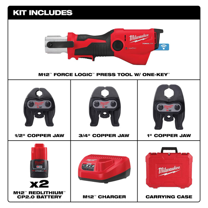 M12 FORCE LOGIC™ Press Tool Kit w/ ONE‑KEY™ with 1/2" – 1" CTS‑V Jaws