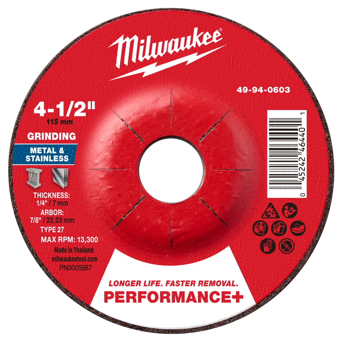 4-1/2" x 1/4" x 7/8" Performance+ Metal Grinding Wheel - Type 27