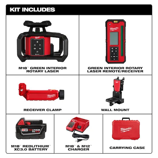 M18™ Green Interior Rotary Laser Level Kit w/ Remote/Receiver & Wall Mount Bracket