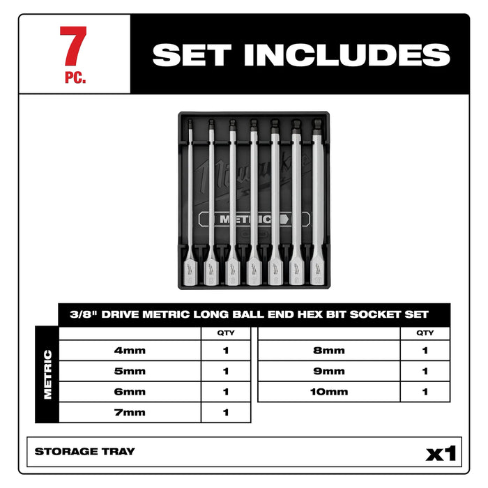 7pc 3/8” Drive Long Ball End Hex Bit Socket Set - Metric
