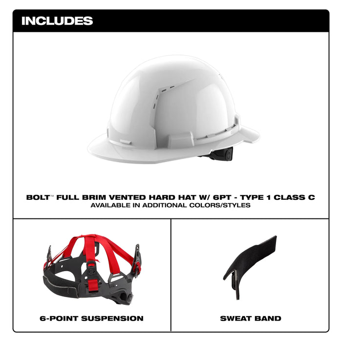 BOLT™ White Full Brim Vented Hard Hat w/6pt Ratcheting Suspension (USA) - Type 1, Class C