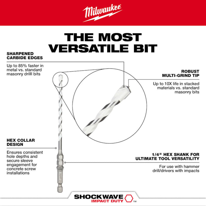 3/16" x 2" x 4" SHOCKWAVE Impact Duty™ Carbide Multi-Material Drill Bit for Concrete Screws