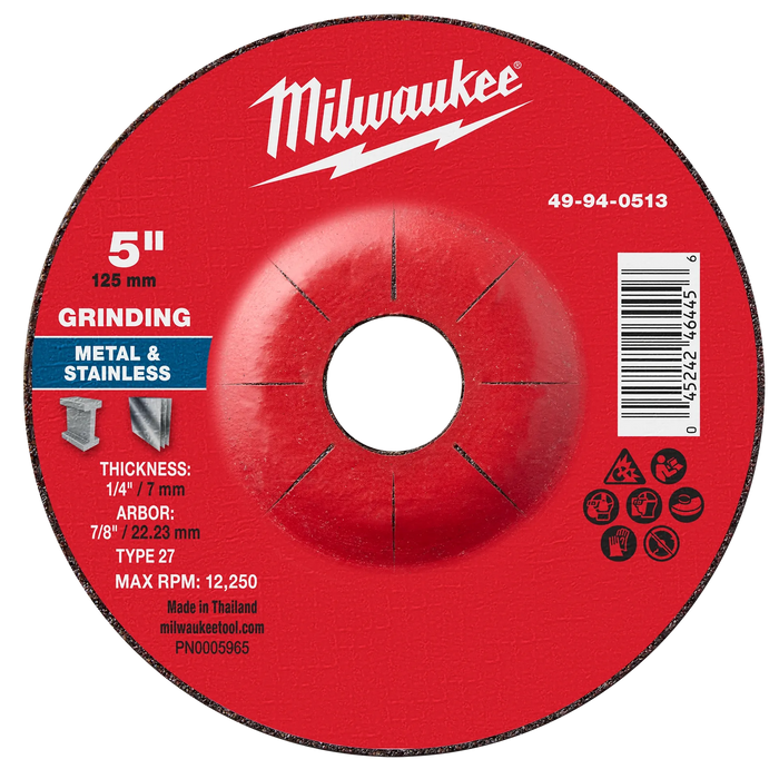 5" x 1/4" x 7/8" Metal Grinding Wheel - Type 27