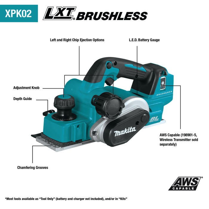 18V LXT® Lithium‑Ion Brushless Cordless 3‑1/4" Planer, AWS® Capable, Tool Only
