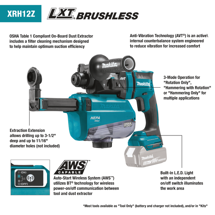 18V LXT® Lithium‑Ion Brushless Cordless 11/16" SDS‑PLUS AVT® Rotary Hammer, AWS® Capable, Tool Only