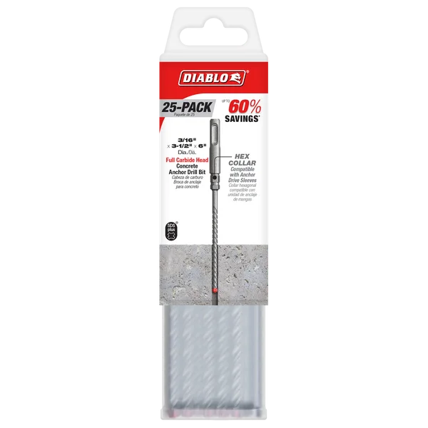 3/16" x 3-1/2" x 6" SDS-Plus Full Carbide Head Concrete Anchor Hammer Drill Bits (25-Pack)