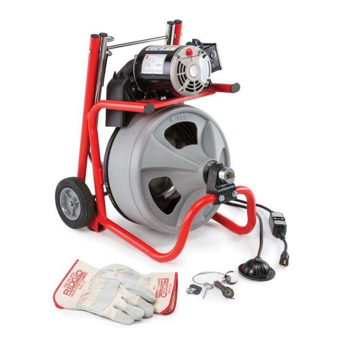 K-400 AutoFeed Drain Cleaning Snake Auger 120-Volt Drum Machine and C-32IW 3/8 in. x 75 ft. Cable + Tool Set & Gloves