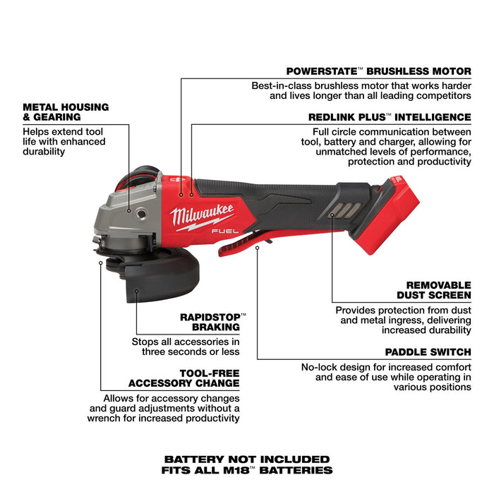 M18 FUEL™ 4-1/2" / 5" Variable Speed Braking Grinder, Paddle Switch No-Lock