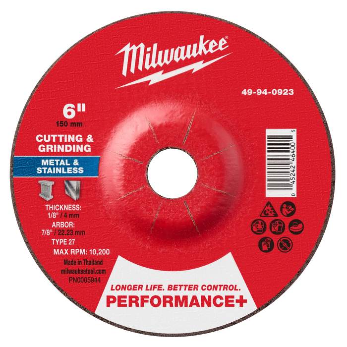 6" x 1/8" x 7/8" Performance+ Dual Metal Cut & Grind Wheel - Type 27
