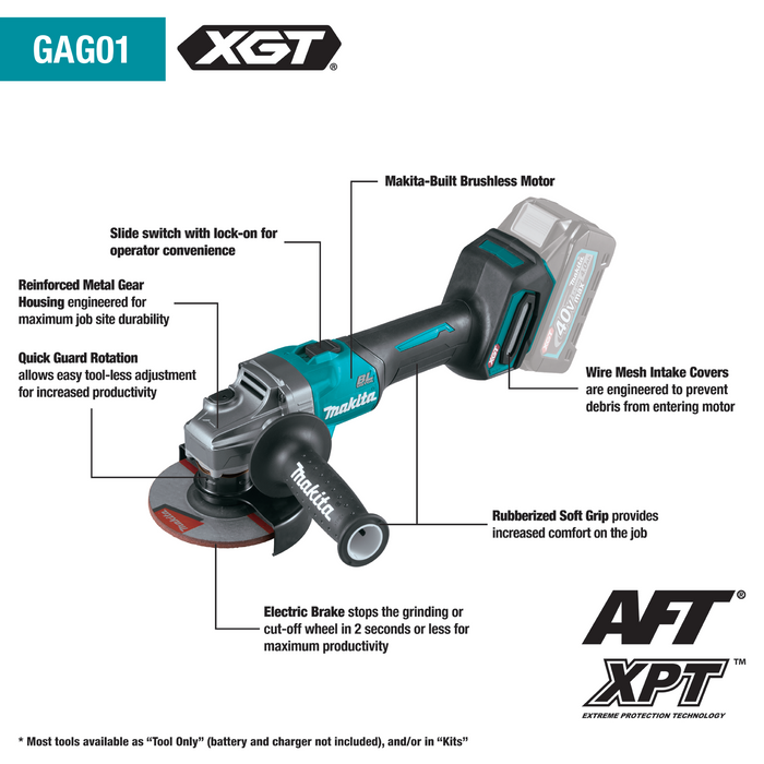 40V max XGT® Brushless Cordless 4‑1/2” / 5" Angle Grinder, with Electric Brake, Tool Only