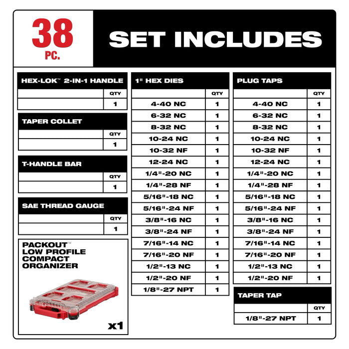 38PC SAE Tap & Die PACKOUT™ Set w/ Hex-LOK™ 2-in-1 Handle