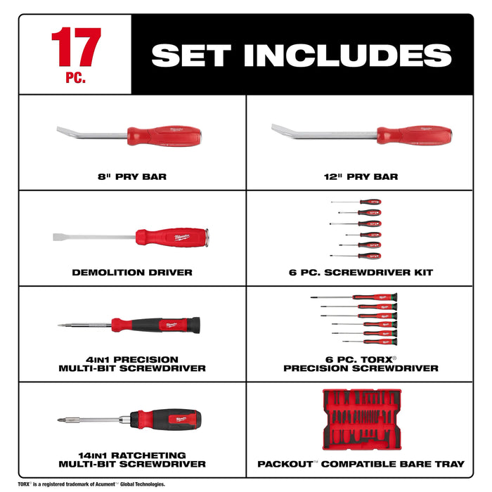 17pc. Screwdriver & Pry Bar Set with Tray for PACKOUT™ Drawers