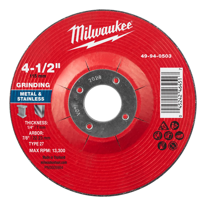 4-1/2" x 1/4" x 7/8" Metal Grinding Wheel - Type 27