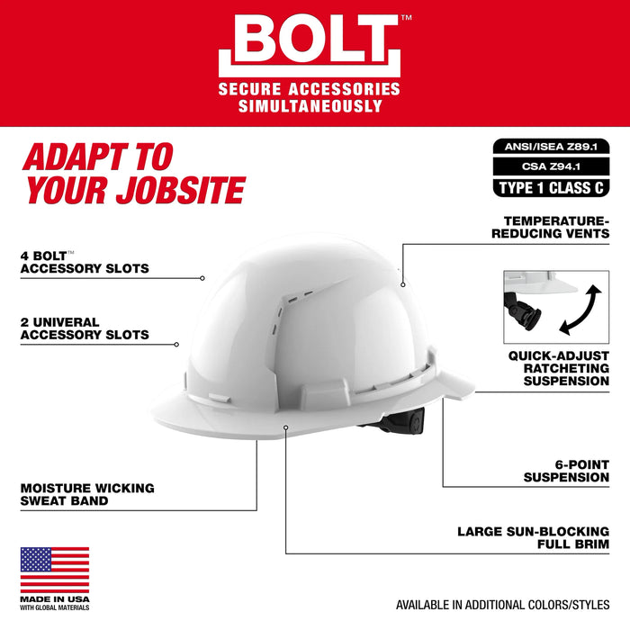 BOLT™ White Full Brim Vented Hard Hat w/6pt Ratcheting Suspension (USA) - Type 1, Class C