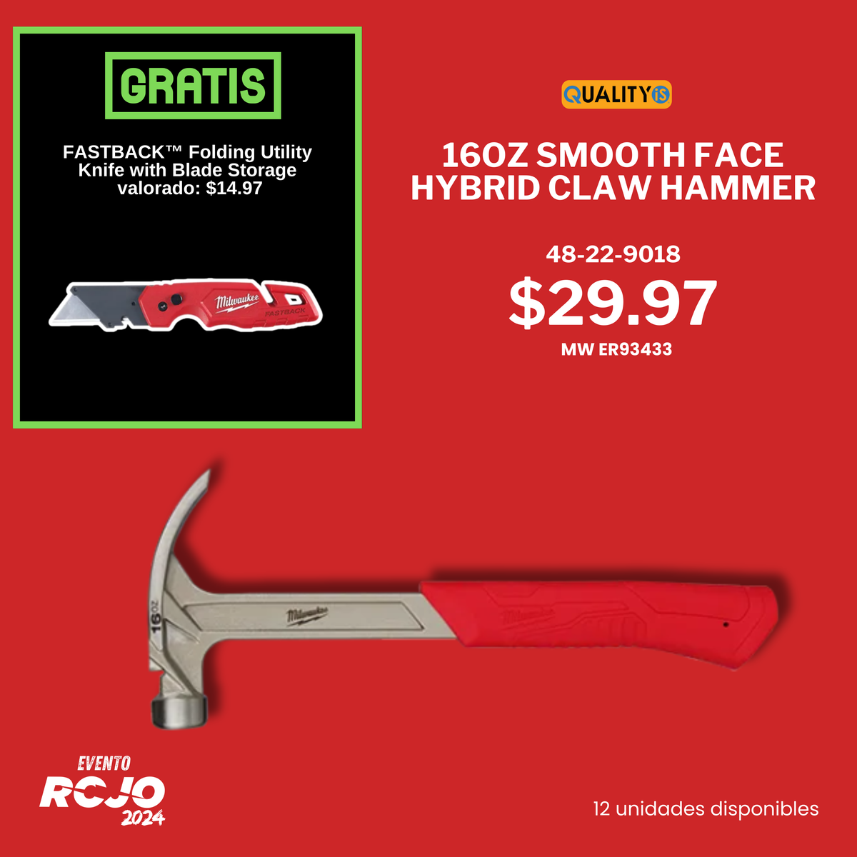 16oz Smooth Face Hybrid Claw Hammer [FREE FASTBACK™ Folding Utility Kn