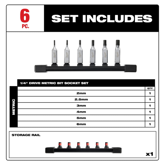 6pc 1/4" Drive Hex Bit Socket Set - Metric