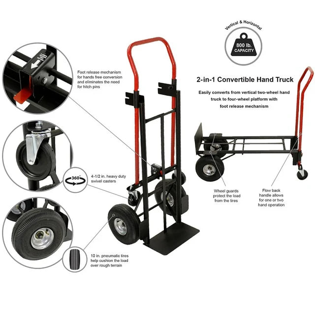 Hand Truck CHT2N1 Convertible Hand Truck, 800 lb, 8 in L Platform, 2-Wheel, Pneumatic Wheel, Steel
