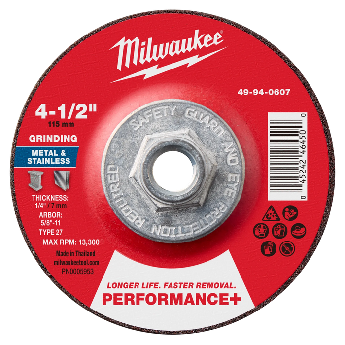 4-1/2" x 1/4" x 5/8"-11 Performance+ Metal Grinding Wheel - Type 27