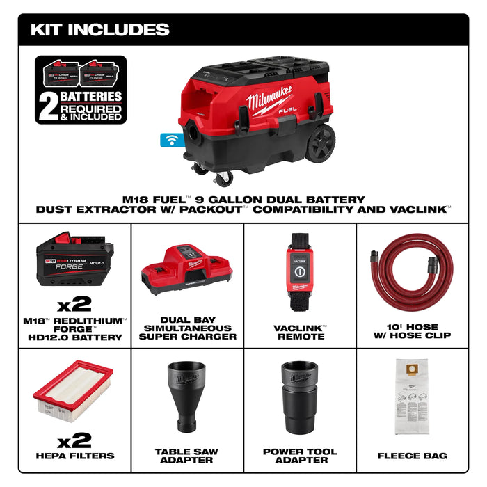 M18 FUEL™ 9 Gallon Dual Battery Dust Extractor w/ PACKOUT™ Compatibility and VACLINK™ Kit