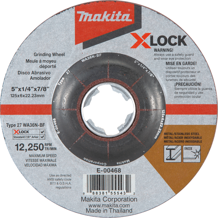 X‑LOCK 5" x 1/4" x 7/8" Type 27 General Purpose 36 Grit Abrasive Grinding Wheel for Metal & Stainless Steel Grinding