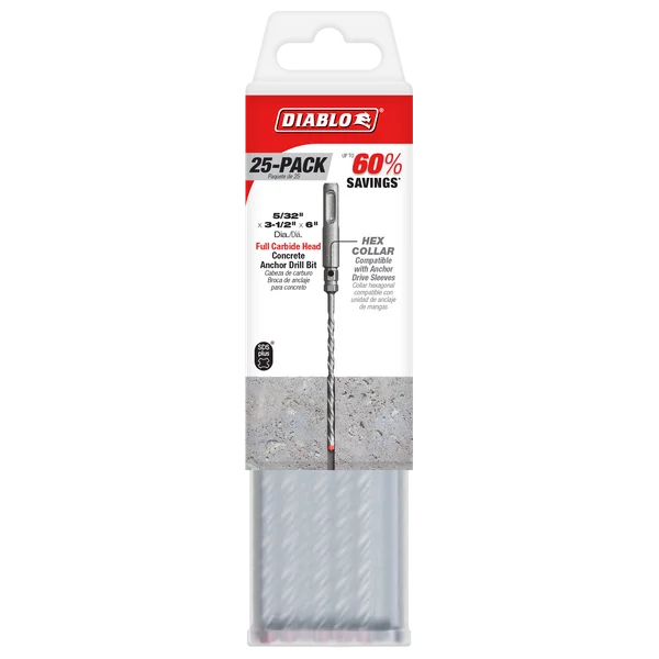 5/32" x 3-1/2" x 6" SDS-Plus Full Carbide Head Concrete Anchor Hammer Drill Bits (25-Pack)