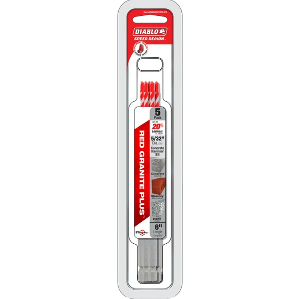 5/32" x 6" x 3" SPEEDemon™ Red Granite PLUS™ Carbide-Tipped Hammer Drill Bit (5-pk)