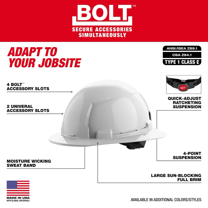 BOLT™ Black Full Brim Hard Hat w/4pt Ratcheting Suspension (USA) - Type 1, Class E