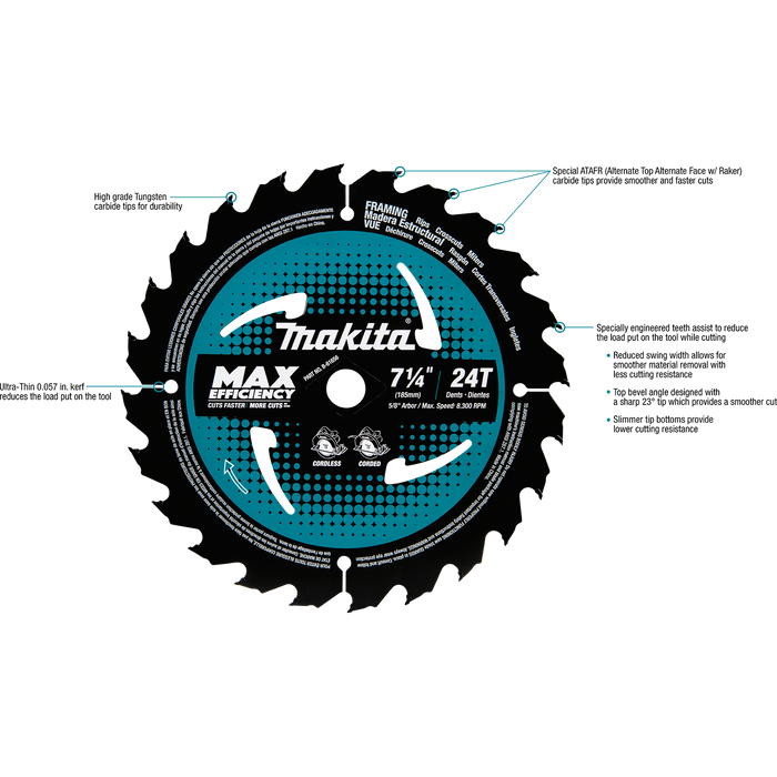 7‑1/4" 24T Carbide‑Tipped Max Efficiency Circular Saw Blade, Framing