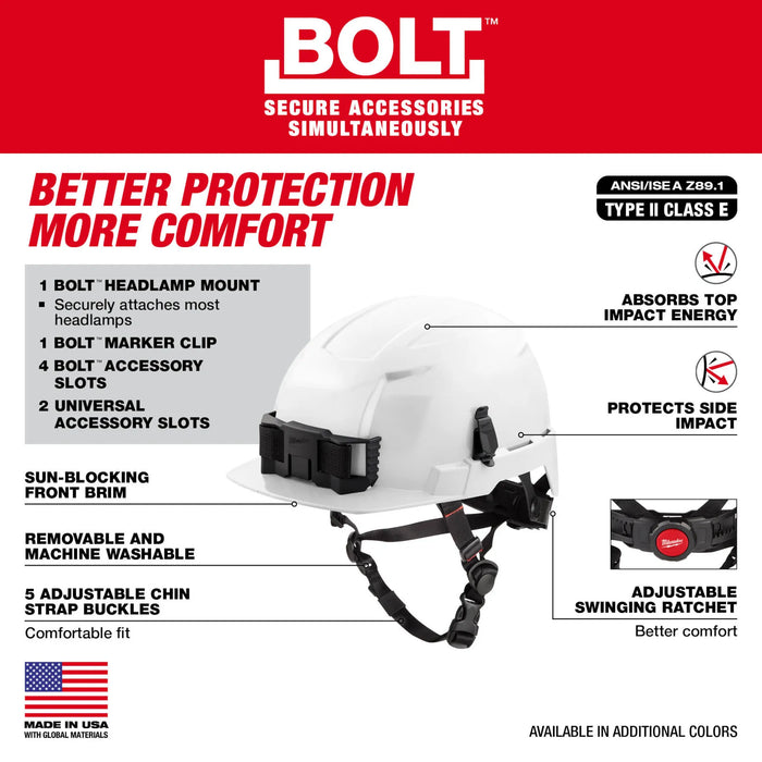 BOLT™ White Front Brim Safety Helmet (USA) - Type 2, Class E