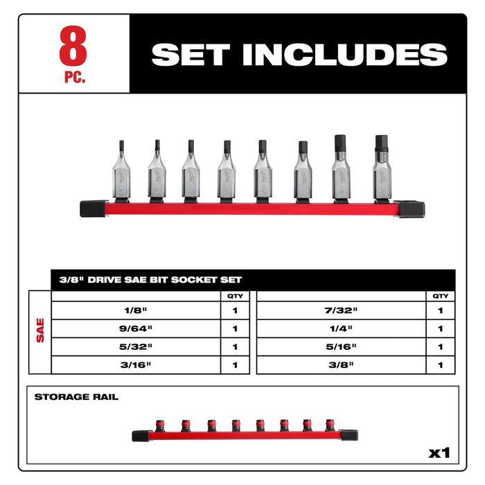 8pc 3/8" Drive Hex Bit Socket Set - SAE