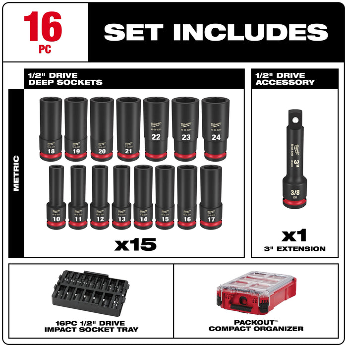 16PC SHOCKWAVE™ Impact Duty Socket 1/2” Drive 16PC MM Set with PACKOUT™