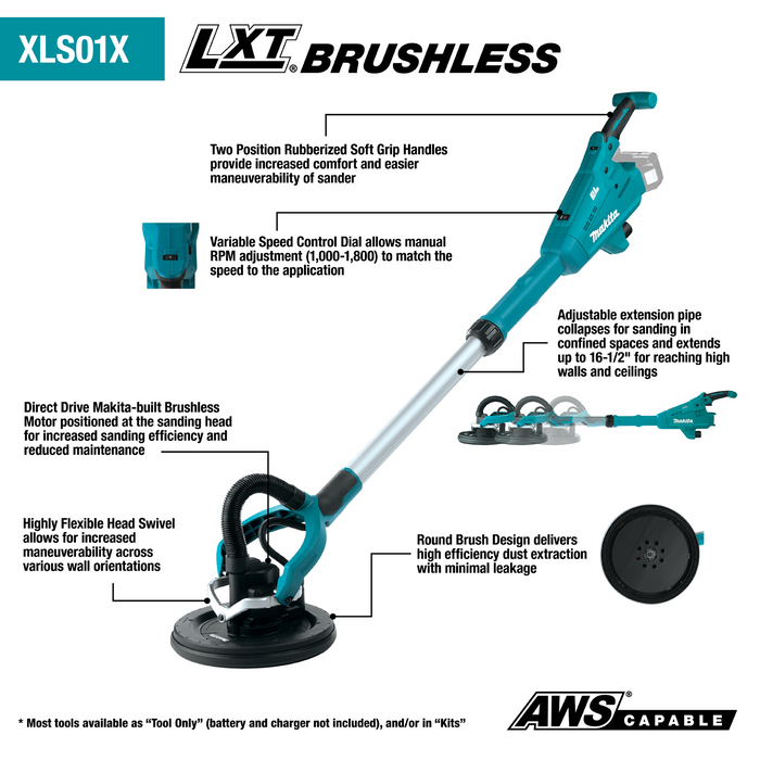 18V LXT® Lithium‑Ion Brushless Cordless 9" Drywall Sander Kit, AWS® Capable (5.0Ah)