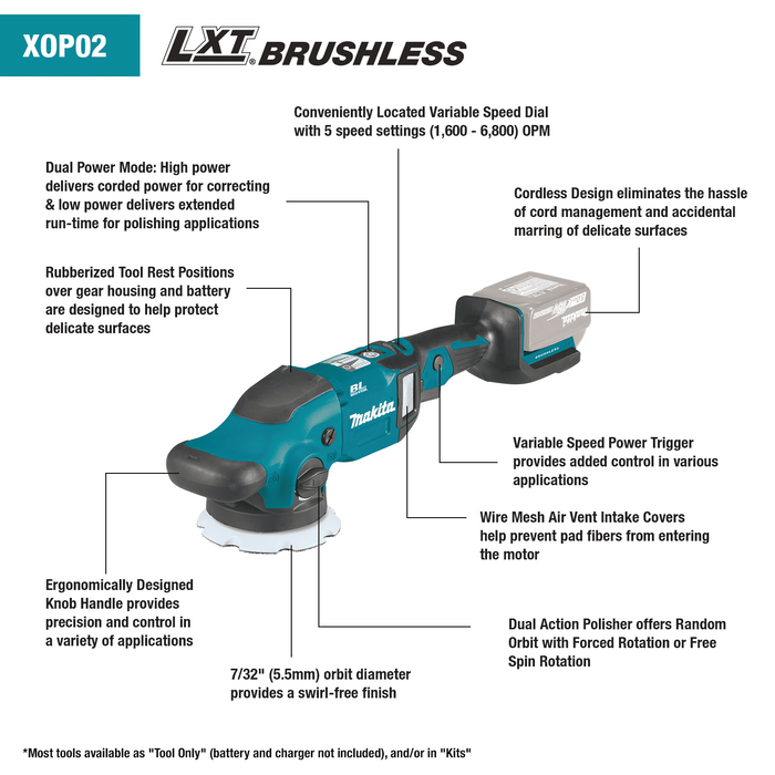 18V LXT® Lithium‑Ion Brushless Cordless 5" / 6" Dual Action Random Orbit Polisher, Tool Only