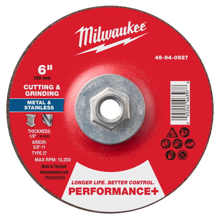 6" x 1/8" x 5/8"-11 Performance+ Dual Metal Cut & Grind Wheel - Type 27