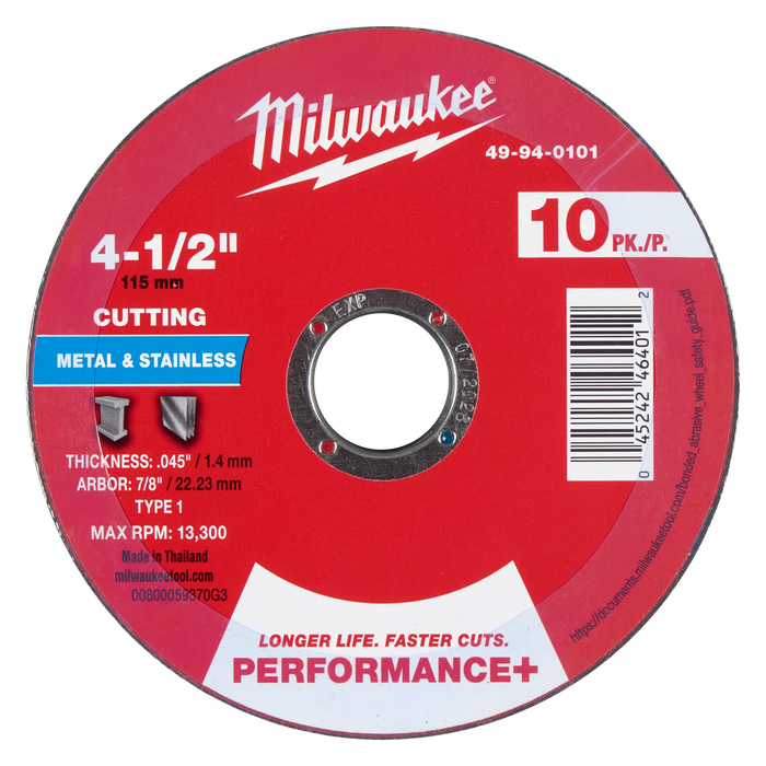4-1/2" x .045" x 7/8" Performance+ Metal Cut Off Wheel - Type 1 - 10pk