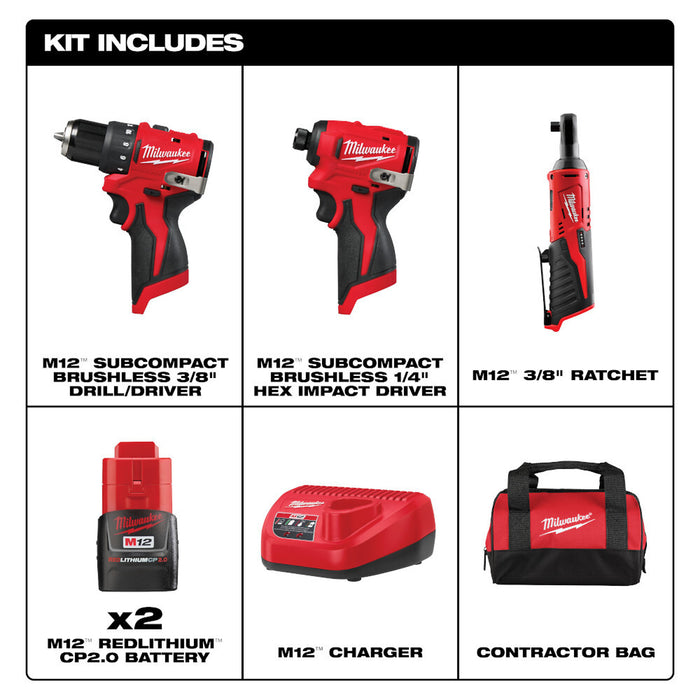 M12 12-Volt Lithium-Ion Brushless Cordless Subcompact Drill &Impact Driver Combo Kit with 3/8in Ratchet, Batteries & Bag