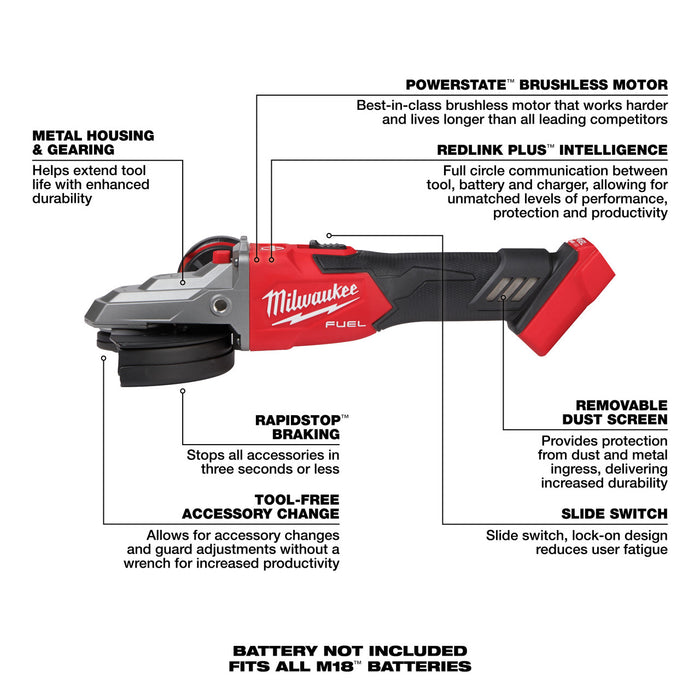 M18 FUEL™ 5" Flathead Braking Grinder, Slide Switch Lock-On